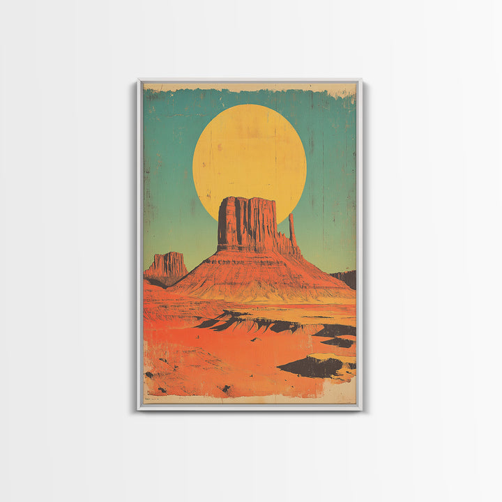 Desert Mesa With Golden Sun Canvas Print, Southwestern Wall Art, Retro Western Landscape Poster, Boho Earth Tone Decor Gift