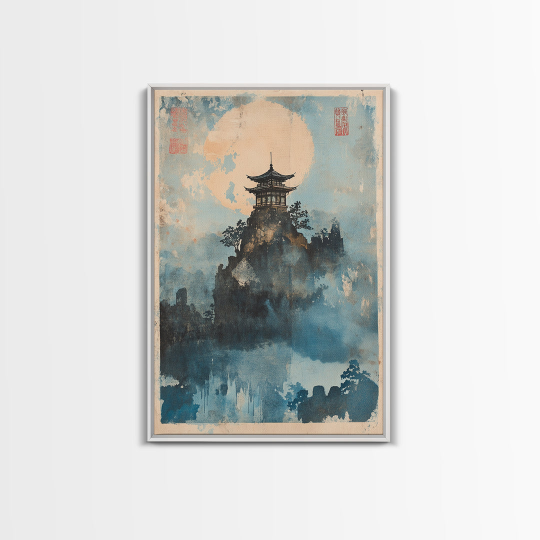 Misty Pagoda Moon Wall Art, Japanese Landscape Art Print, Zen Asian Wall Decor, Meditation Room Framed Canvas Print Gift