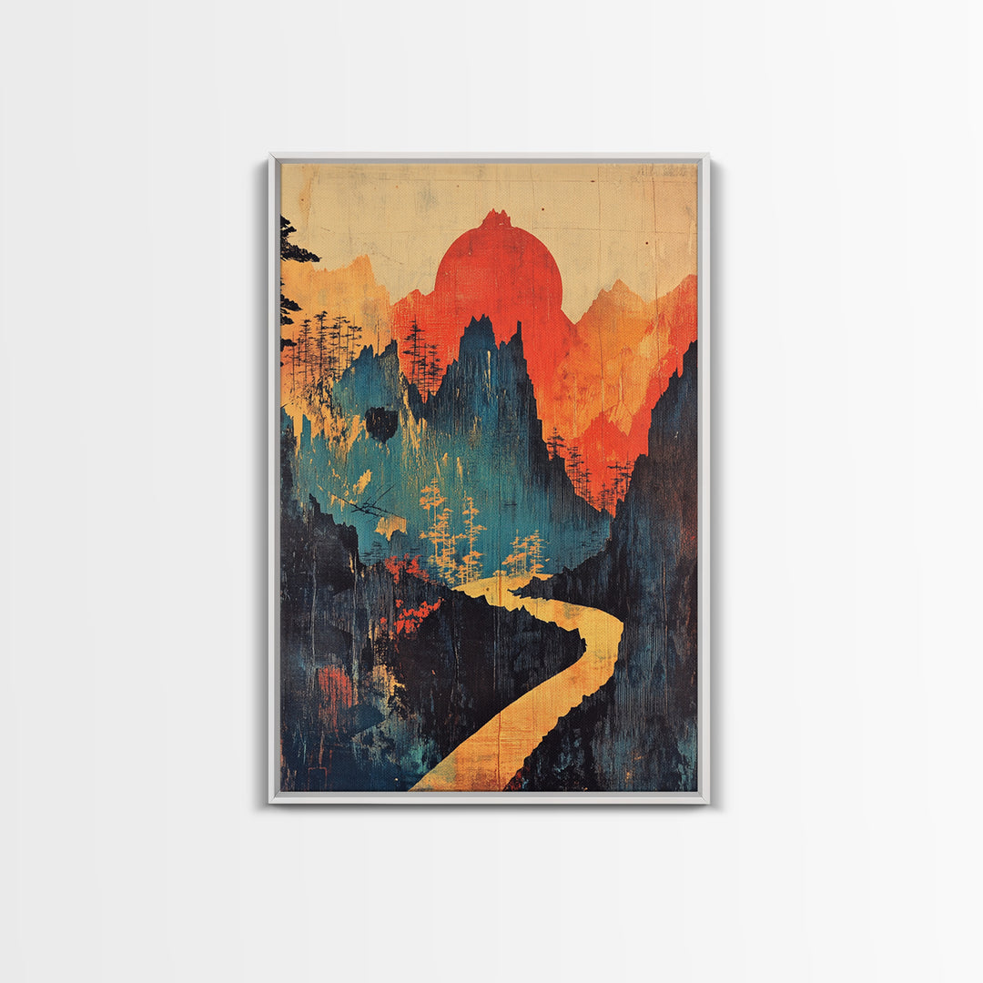 Red Sun Mountain River Wall Art, Abstract Landscape Print, Japandi Wall Decor, Organic Modern Art, Large Canvas Print, Statement Artwork