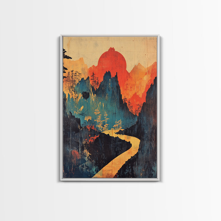 Red Sun Mountain River Wall Art, Abstract Landscape Print, Japandi Wall Decor, Organic Modern Art, Large Canvas Print, Statement Artwork