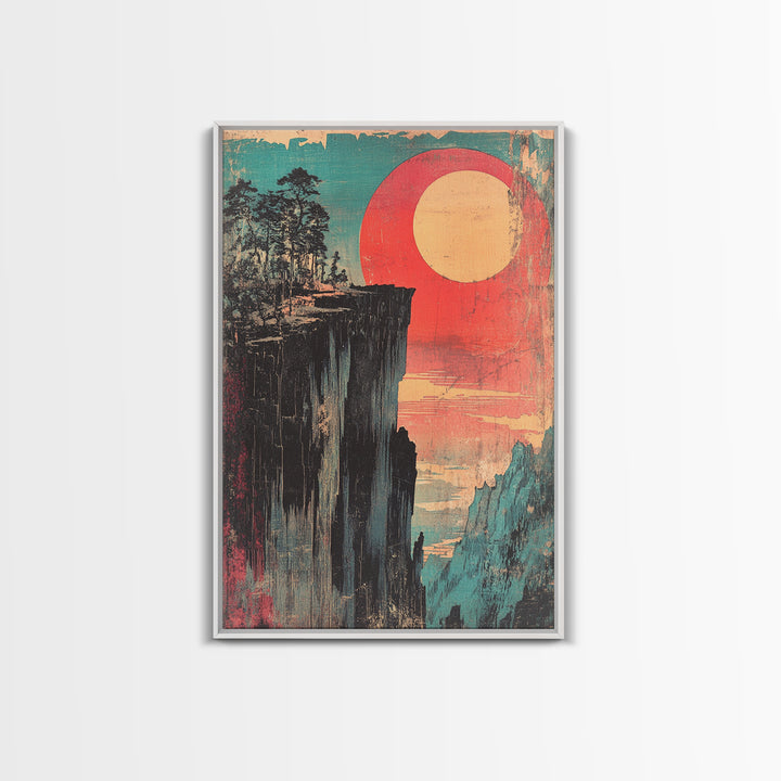 Cliffside Forest With Red Sun Wall Art, Retro Japanese Print, Japandi Decor, Bold Landscape, Framed Canvas Print, Large Wall Art