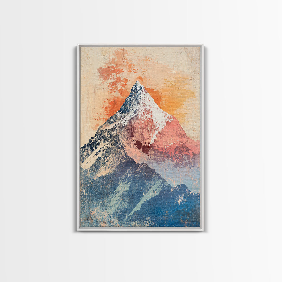 Snowy Alpine Mountain Peak Wall Art, Pastel Landscape Print, Nature Wall Decor, Bedroom Decor, Framed Canvas Print, Blue Bedroom Art