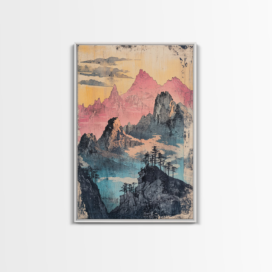 Misty Pink Mountain Range Wall Art, Abstract Landscape Print, Japandi Wall Decor, Gallery Wall Art, Large Canvas Print, Pastel Wall Art