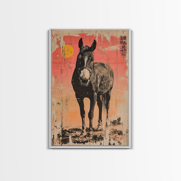 Black Horse Portrait At Sunset Framed Canvas Print, Equestrian Wall Art, Western Decor, Horse Lover Gift, Rustic Home Decor
