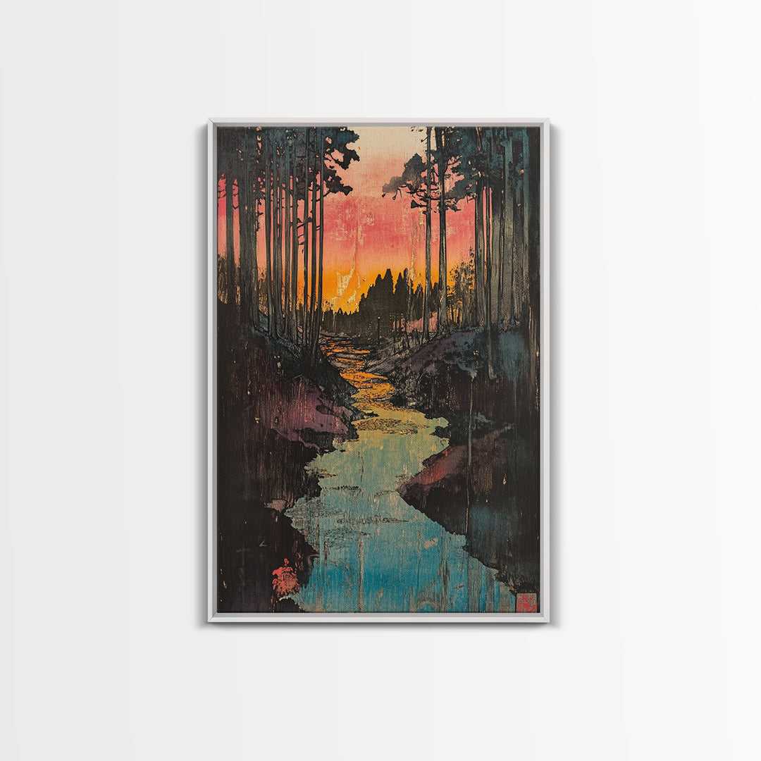 Sunset Forest River Canvas Print, Japanese Landscape Wall Art, Nature Wall Decor, Rustic Home Decor, Calming Living Room Art