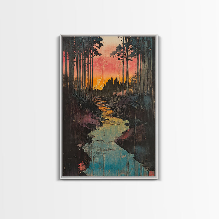 Sunset Forest River Canvas Print, Japanese Landscape Wall Art, Nature Wall Decor, Rustic Home Decor, Calming Living Room Art