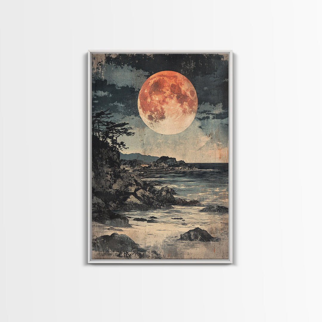 Full Moon Rocky Coast Canvas Print, Japanese Seascape Wall Art, Moody Wall Decor, Coastal Wall Art, Dark Academia Decor