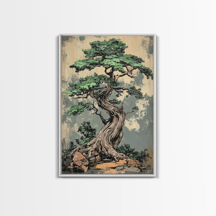 Twisted Bonsai Tree Wall Art, Japanese Zen Canvas Print, Nature Inspired Decor, Japandi Wall Decor, Calming Living Room Art