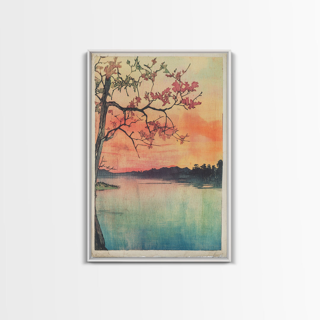 Cherry Blossom Lake Wall Art, Japanese Sunset Canvas Print, Serene Landscape Decor, Pink Floral Art, Bedroom Wall Decor Print