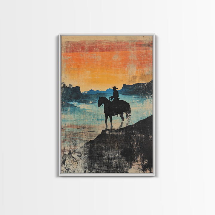 Cowboy Canyon Sunset Wall Art, Western Horse Canvas Print, Rustic Landscape Decor, Southwestern Art, Gift For Him, Living Room Decor