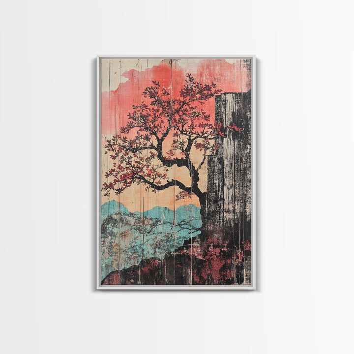 Cherry Blossom Waterfall Wall Art, Japanese Landscape Canvas Print, Pink Mountain Decor, Japandi Wall Decor, Large Art Print