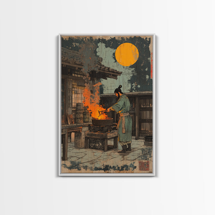 Japanese Blacksmith Night Wall Art, Moonlit Forge Canvas Print, Samurai Inspired Decor, Dramatic Ukiyo E Style Art Print