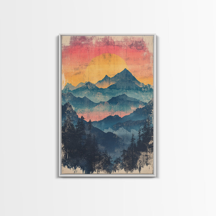 Misty Blue Mountain Sunset Wall Art, Layered Forest Landscape Print, Rustic Cabin Decor, Large Nature Living Room Art Gift