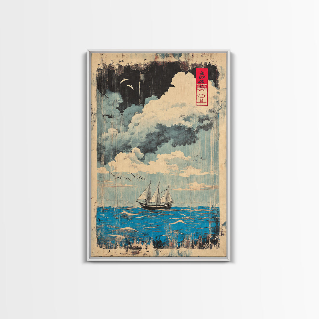 Sailboat Under Moonlit Clouds Canvas Print, Japanese Nautical Wall Art, Ocean Seascape Decor, Coastal Gift For Him And Her