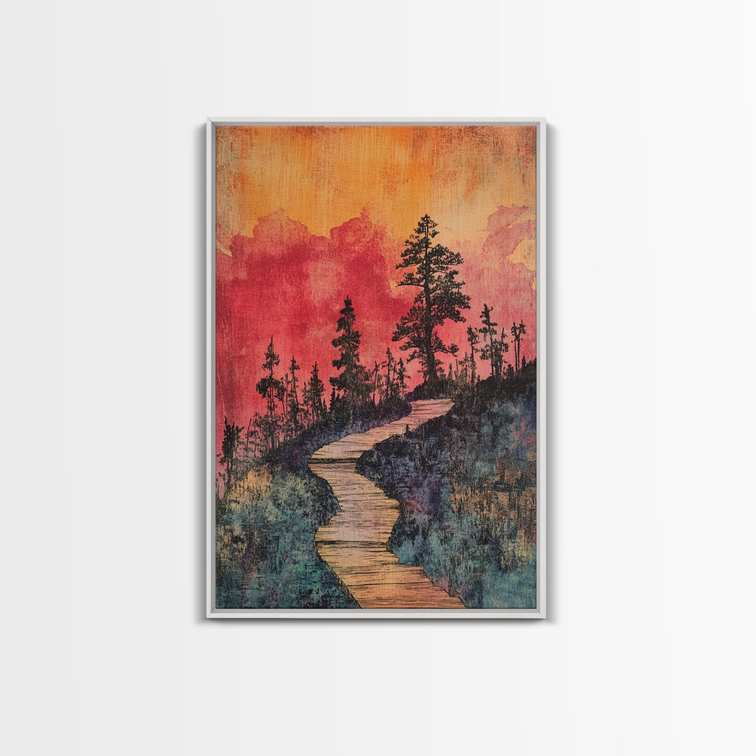 Winding Forest Path At Sunset Wall Art, Pink Orange Landscape Print, Rustic Cabin Decor, Cozy Nature Art For Bedroom Gift