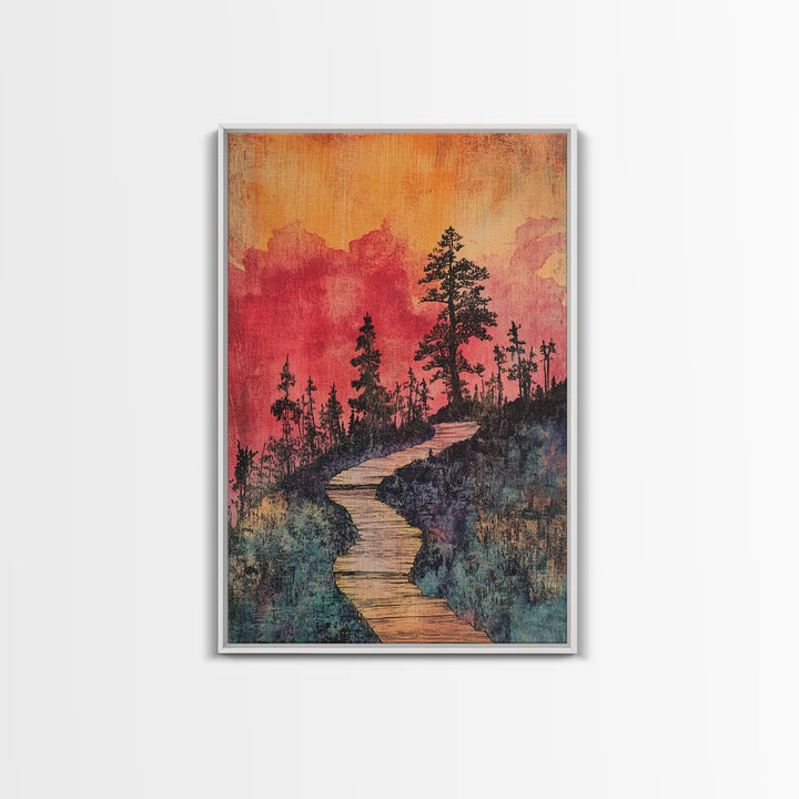 Winding Forest Path At Sunset Wall Art, Pink Orange Landscape Print, Rustic Cabin Decor, Cozy Nature Art For Bedroom Gift