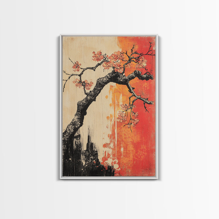 Cherry Blossom Branch Canvas Print, Japanese Floral Wall Art, Red Orange Botanical Decor, Japandi Living Room Art Gift Print