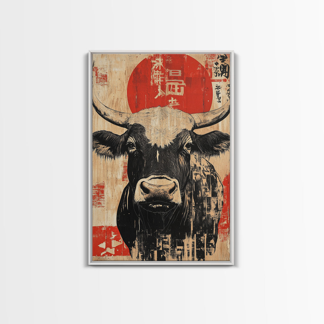 Black And White Bull With Red Sun Wall Art, Japanese Farm Animal Print, Rustic Asian Decor, Bold Kitchen Wall Decor Gift