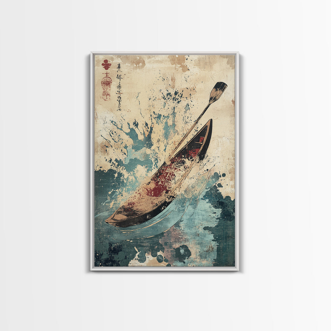 Canoe And Paddle Splash Canvas Print, Japanese Nautical Wall Art, Blue Ocean Decor, Adventure Travel Poster Gift For Coastal Home