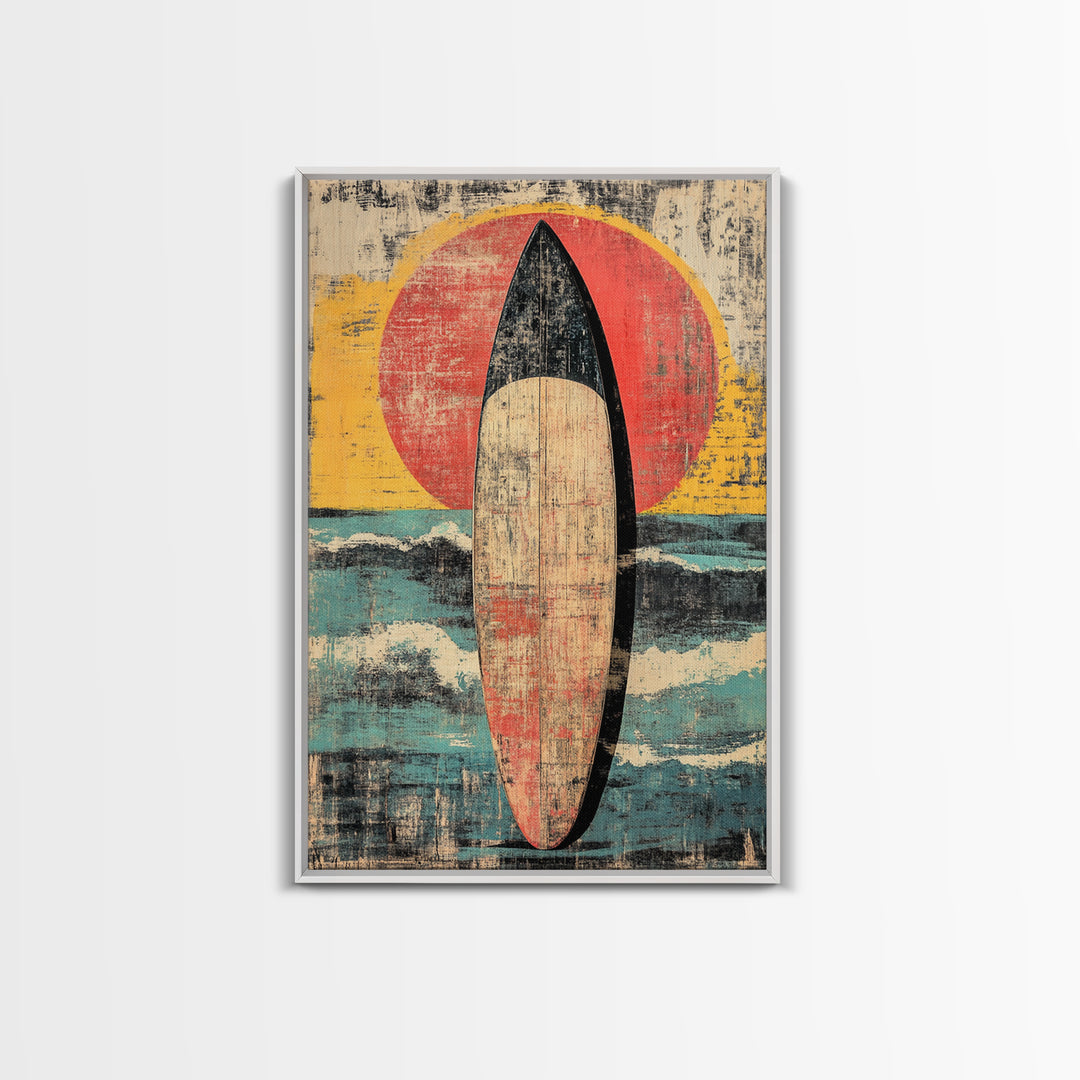 Retro Surfboard At Sunset Wall Art, Coastal Ocean Waves Print, Beach House Decor, Large Vertical Canvas For Surf Lovers Gift