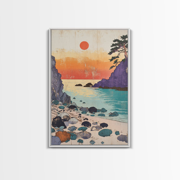 Purple Cliffs Sunset Cove Japanese Seascape Wall Art Coastal Print, Beach House Decor, Large Living Room Wall Decor Poster