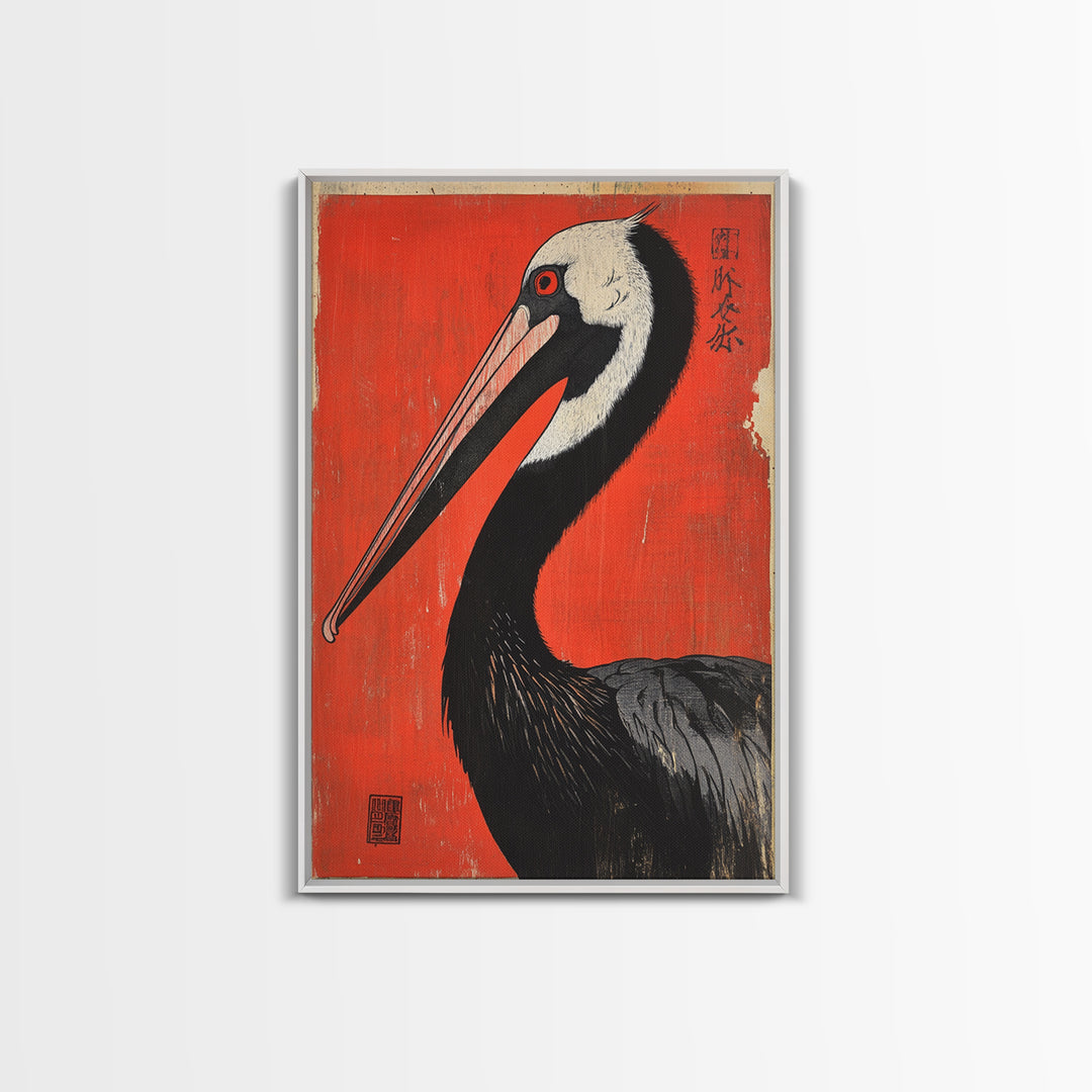 Black Necked Crane Bird On Red Japanese Canvas Print Wildlife Wall Art, Asian Decor, Bold Animal Art Poster Gift For Bird Lovers