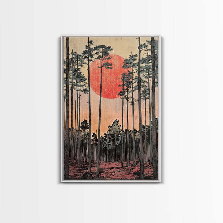 Tall Pine Forest Red Sun Japanese Landscape Wall Art, Japandi Decor, Nature Print, Large Living Room Wall Decor Poster Gift