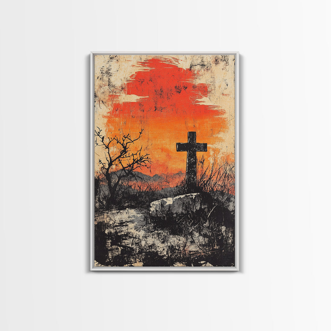 Black Cross At Fiery Sunset Framed Canvas Print, Christian Wall Art, Rustic Landscape, Faith Gift, Moody Home Decor Art