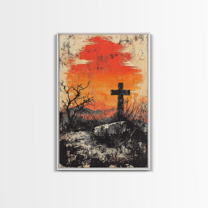 Black Cross At Fiery Sunset Framed Canvas Print, Christian Wall Art, Rustic Landscape, Faith Gift, Moody Home Decor Art