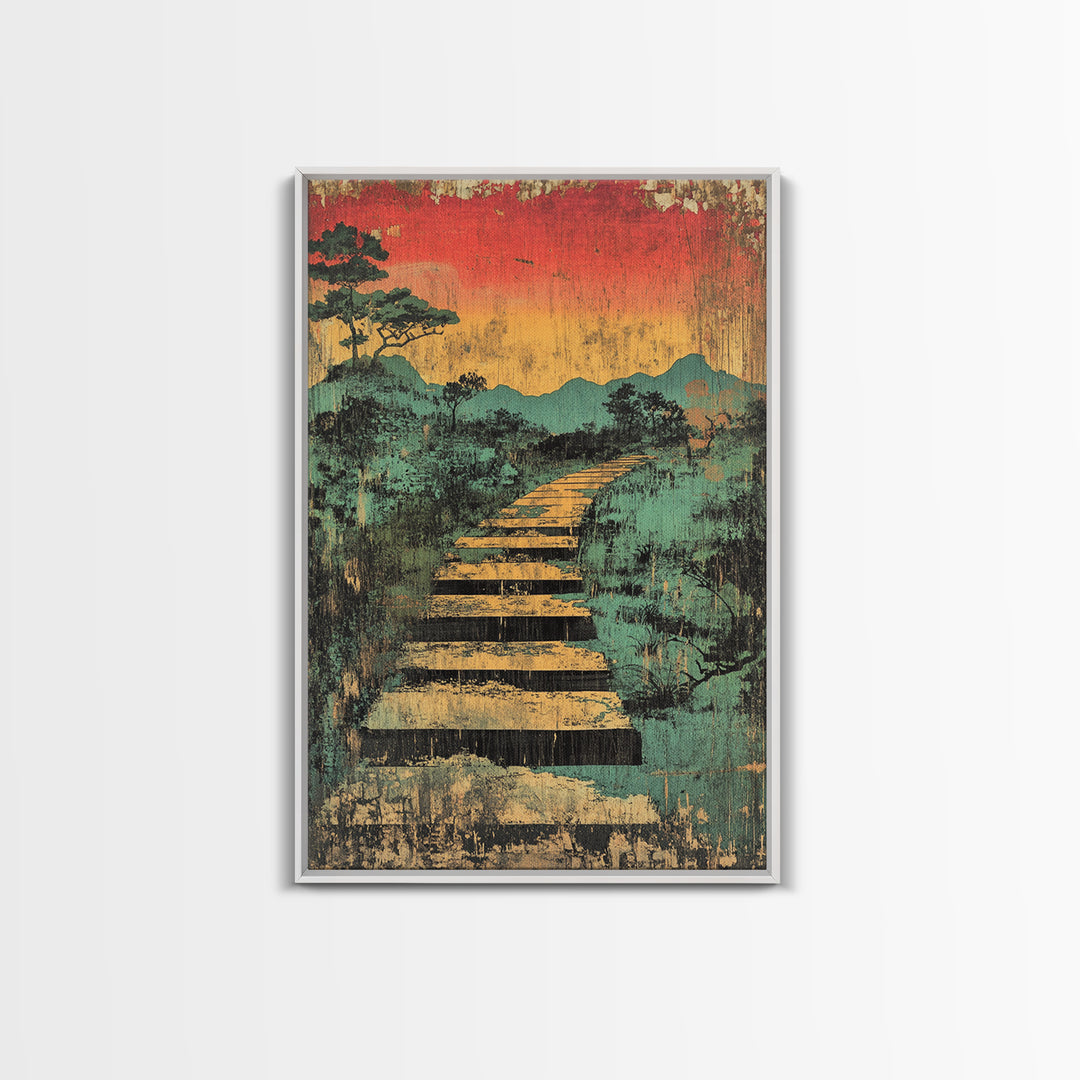 Sunset Boardwalk Through Misty Marsh Wall Art, Japanese Landscape Print, Rustic Nature Decor, Mountain Path Canvas Print