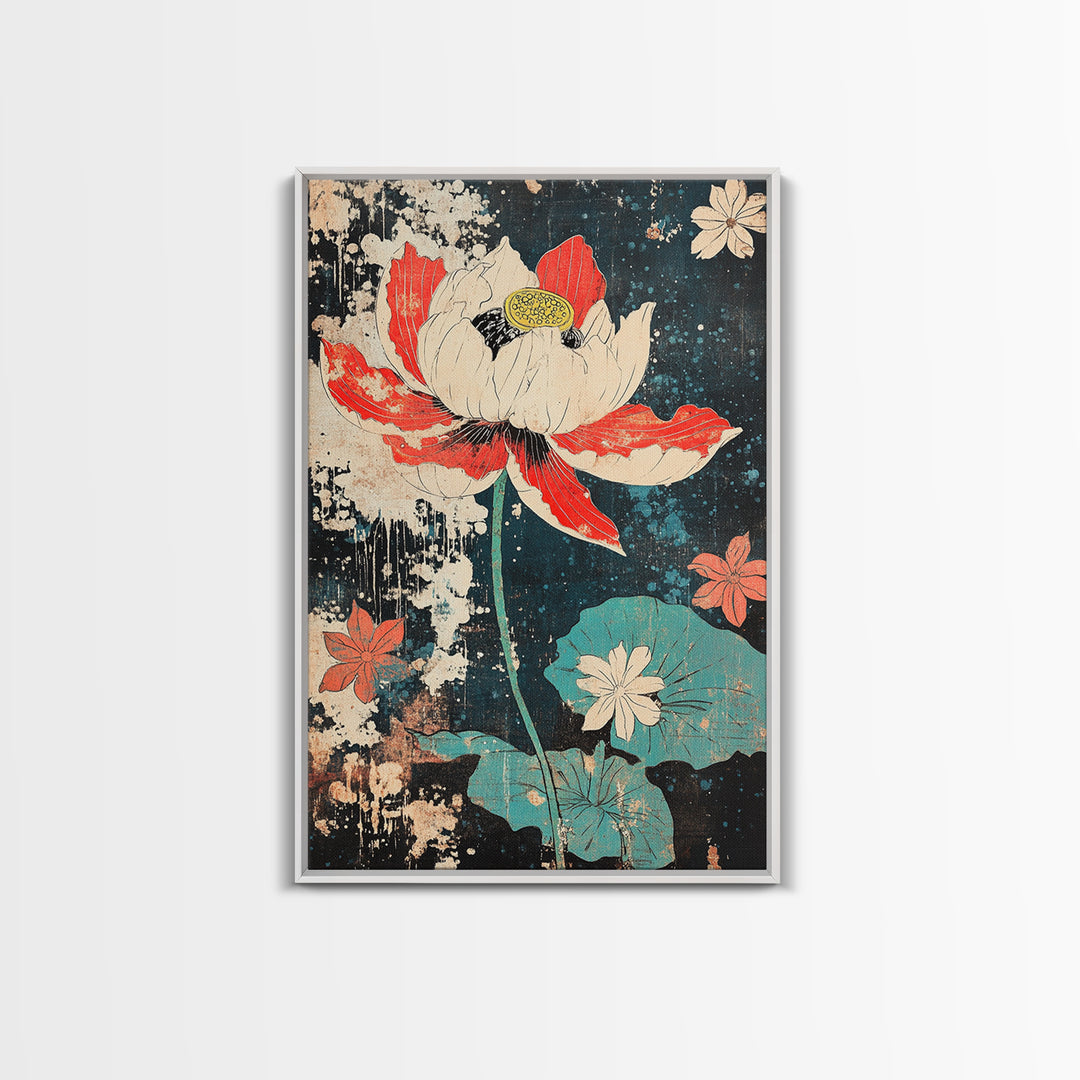 Red And White Lotus Flower Wall Art, Japanese Botanical Print, Dark Floral Decor, Teal Pond Leaves, Modern Canvas Print Gift