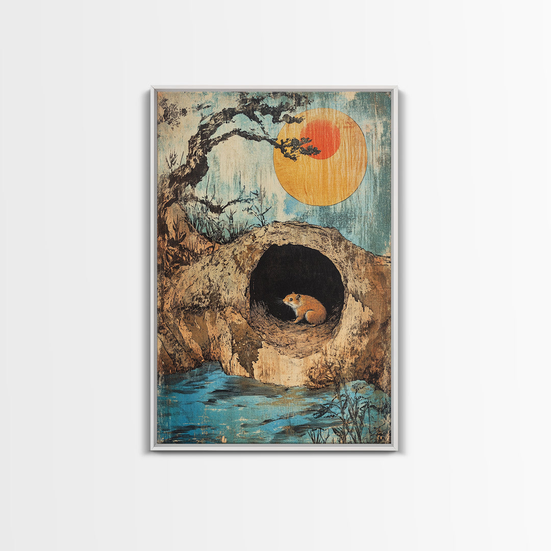 Mouse In Hollow Tree Wall Art, Japanese Nature Print, Whimsical Animal Decor, Orange Sun, Zen Landscape Canvas Print Gift