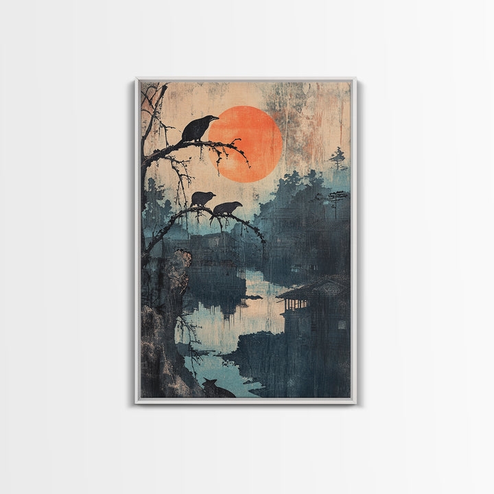 Crows Over Misty River Framed Canvas Print, Japanese Landscape Wall Art, Moody Nature Decor, Orange Sun, Bird Art Print
