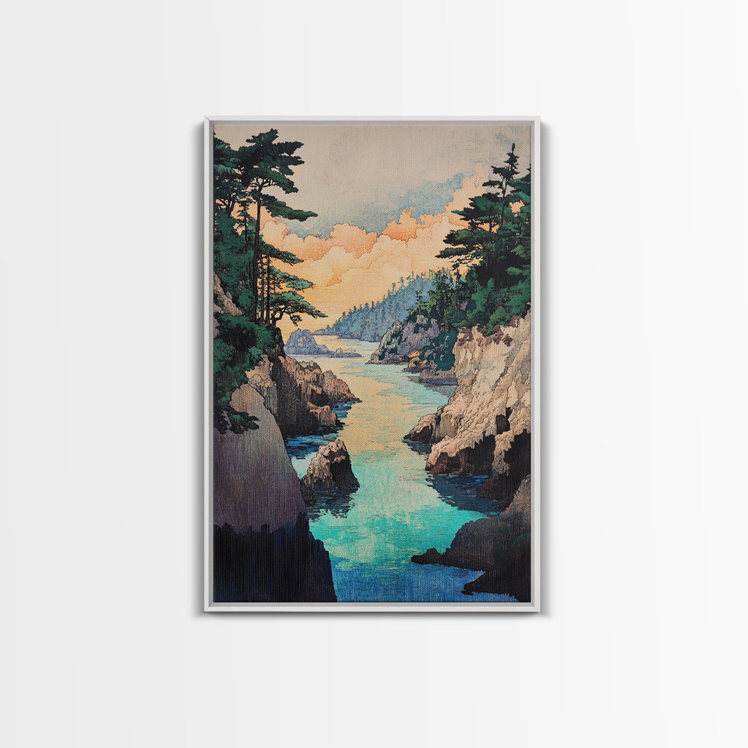 Turquoise Rocky Cove Wall Art, Japanese Coastal Landscape Print, Ocean Seascape Canvas Print, Serene Living Room Decor Gift