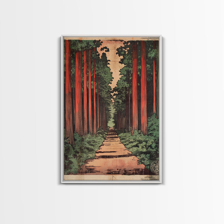 Tall Cedar Forest Path Wall Art, Japanese Woodland Landscape Print, Rustic Nature Canvas Print, Entryway Decor Housewarming Gift