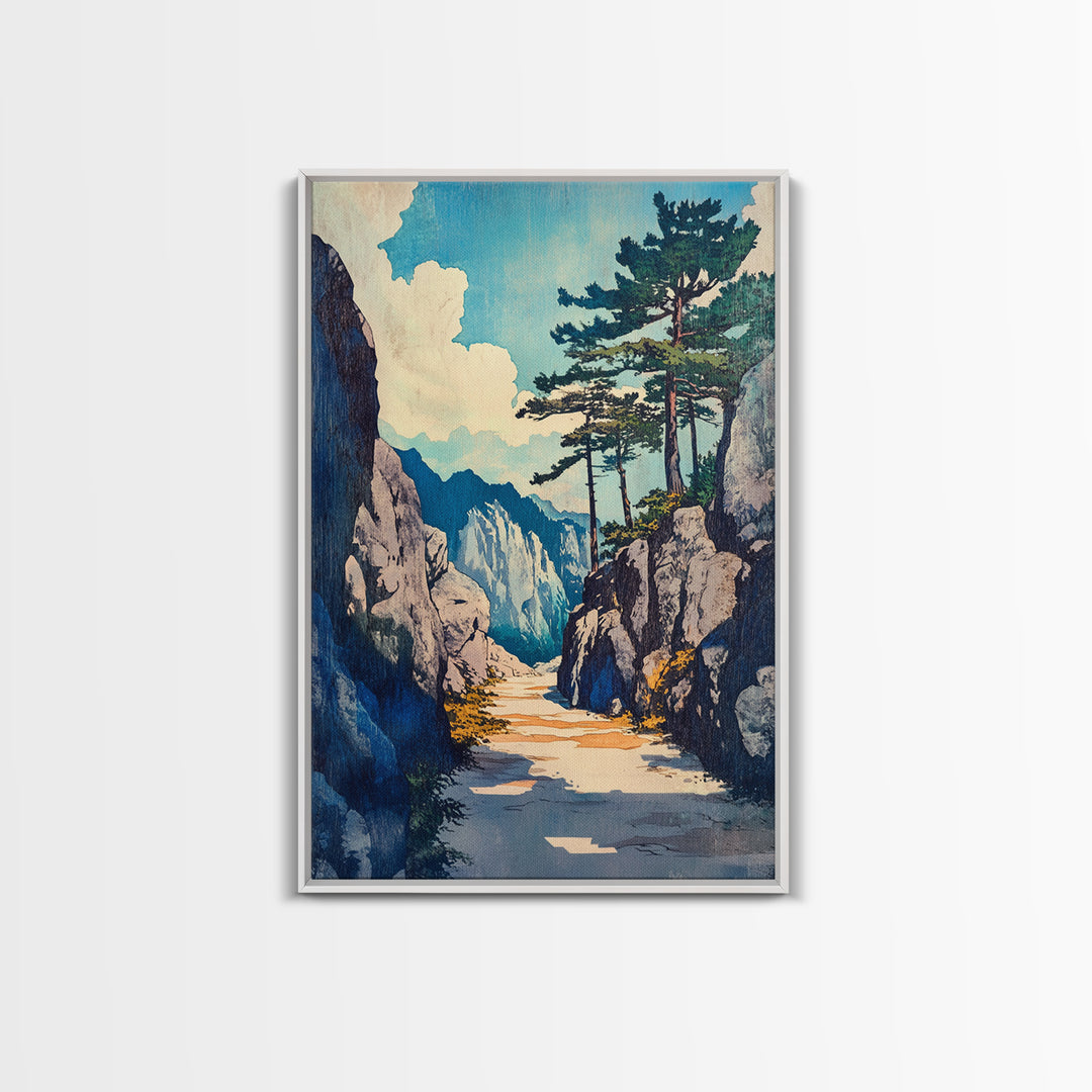 Rocky Mountain Pass Wall Art, Alpine Landscape Canvas Print, Japanese Style Nature Decor, Large Living Room Wall Art Gift