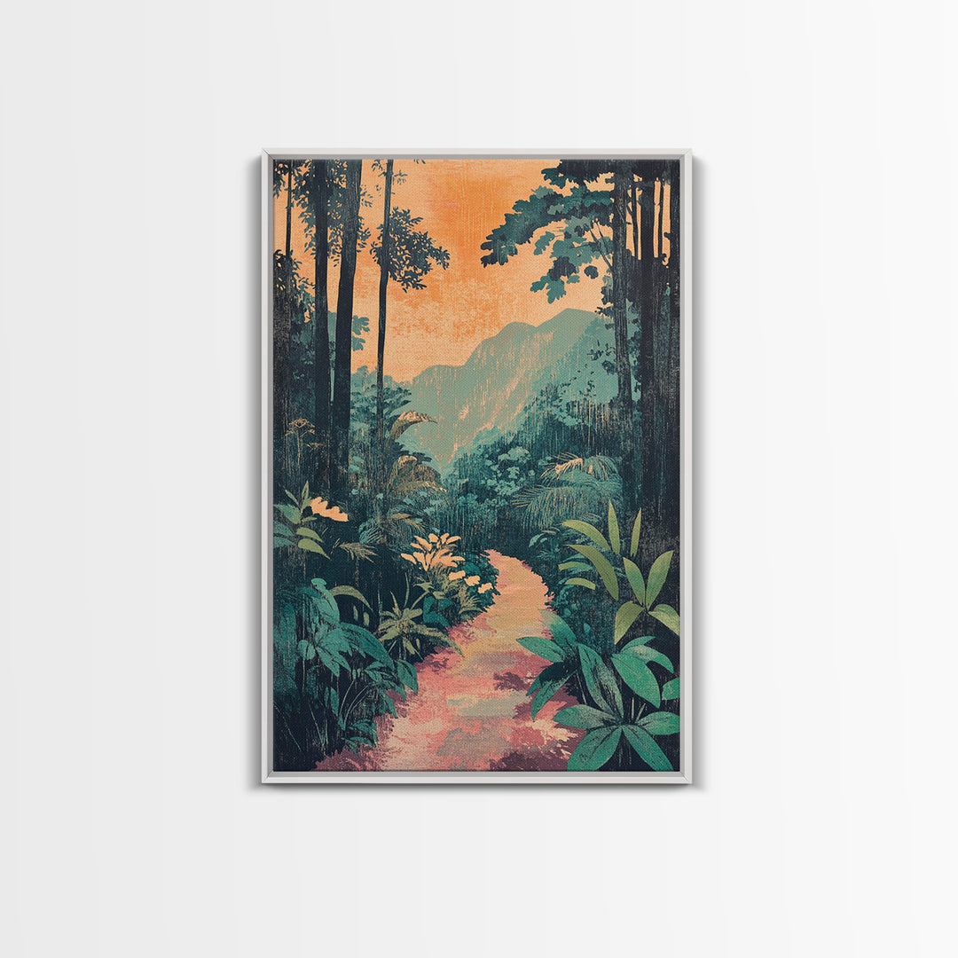 Tropical Jungle Path Wall Art, Lush Botanical Landscape Print, Boho Nature Canvas Print, Vibrant Living Room Decor Gift For Her