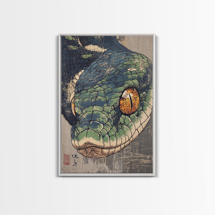 Green Snake Portrait Canvas Print, Japanese Animal Wall Art, Reptile Illustration, Bold Wildlife Decor For Home, Gift For Him