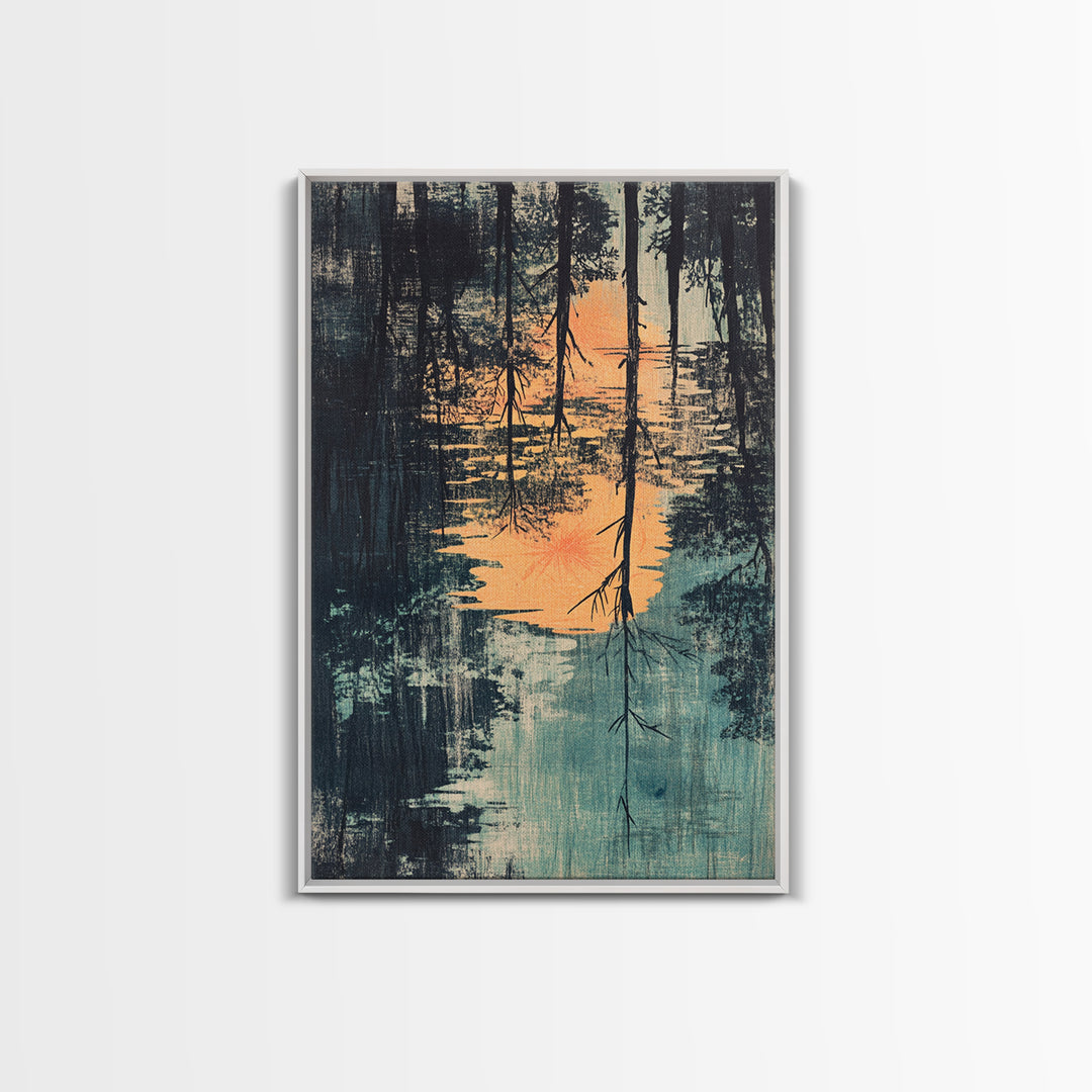 Misty Forest Lake Reflection Wall Art, Moody Landscape Print, Nature Wall Decor, Rustic Home Decor, Framed Canvas Print