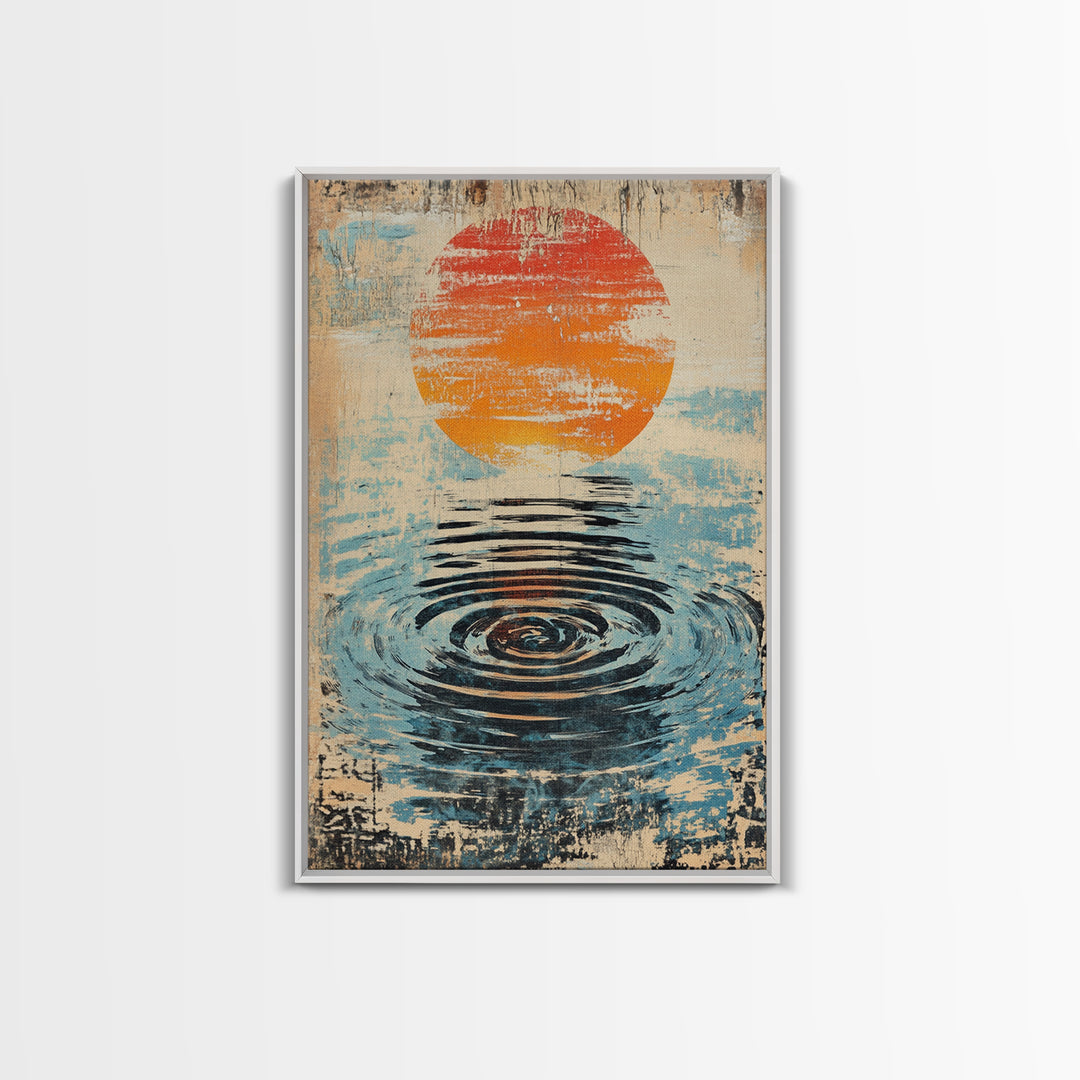 Orange Sun Water Ripple Wall Art, Minimalist Japanese Abstract Print, Zen Bathroom Decor, Calming Wall Decor, Framed Canvas Print