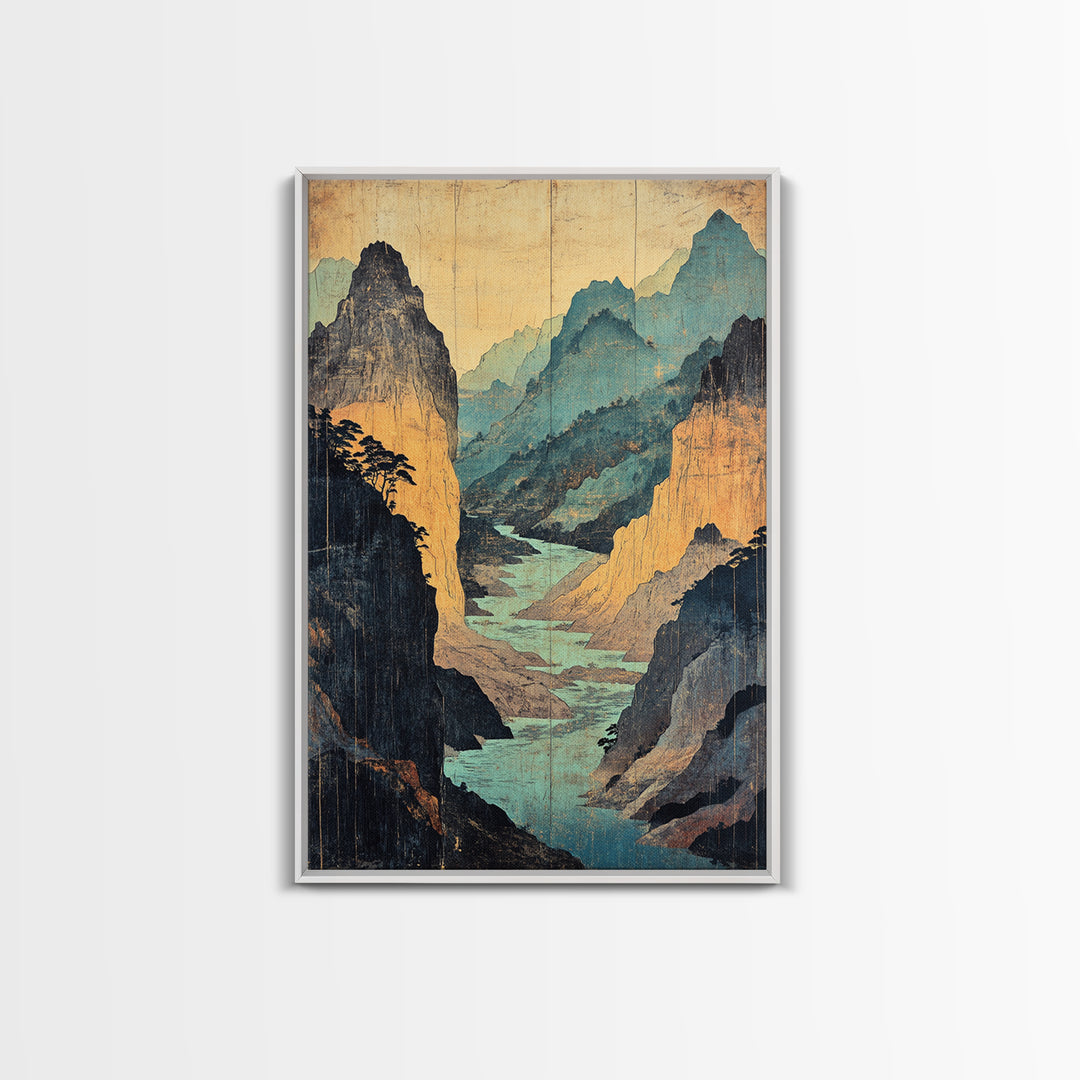 Turquoise Canyon River Mountains Wall Art, Japanese Landscape Print, Asian Inspired Travel Decor, Large Framed Canvas Print