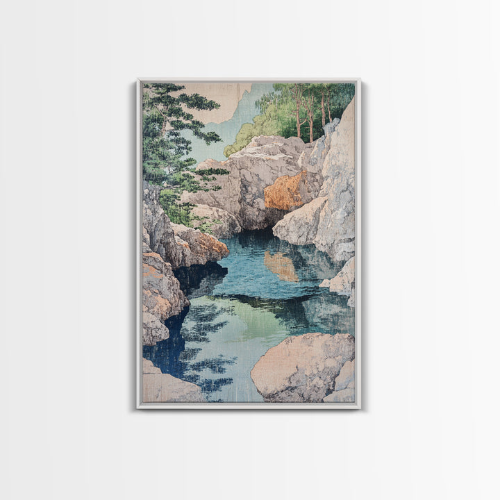 Rocky Mountain Stream And Pine Forest Wall Art, Japanese Landscape Print, Nature Wall Decor, Serene Spa Decor, Home Decor