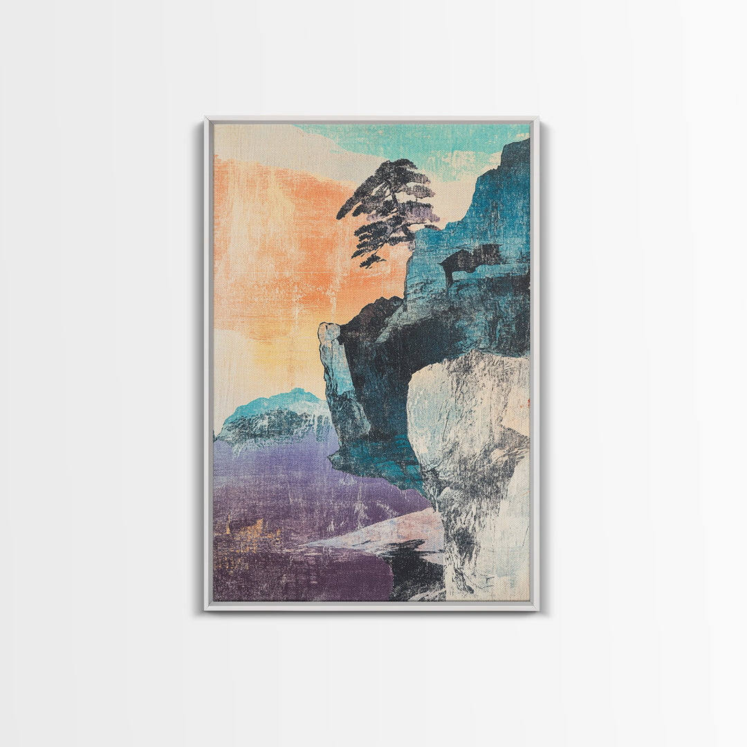 Pastel Sea Cliff With Windblown Pine Wall Art, Japanese Coastal Print, Japandi Decor, Minimalist Landscape, Living Room Decor