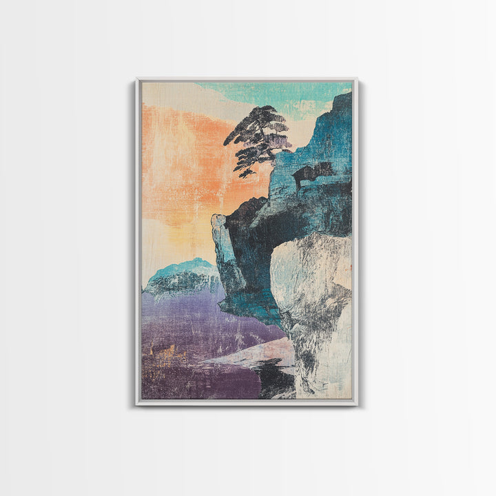 Pastel Sea Cliff With Windblown Pine Wall Art, Japanese Coastal Print, Japandi Decor, Minimalist Landscape, Living Room Decor