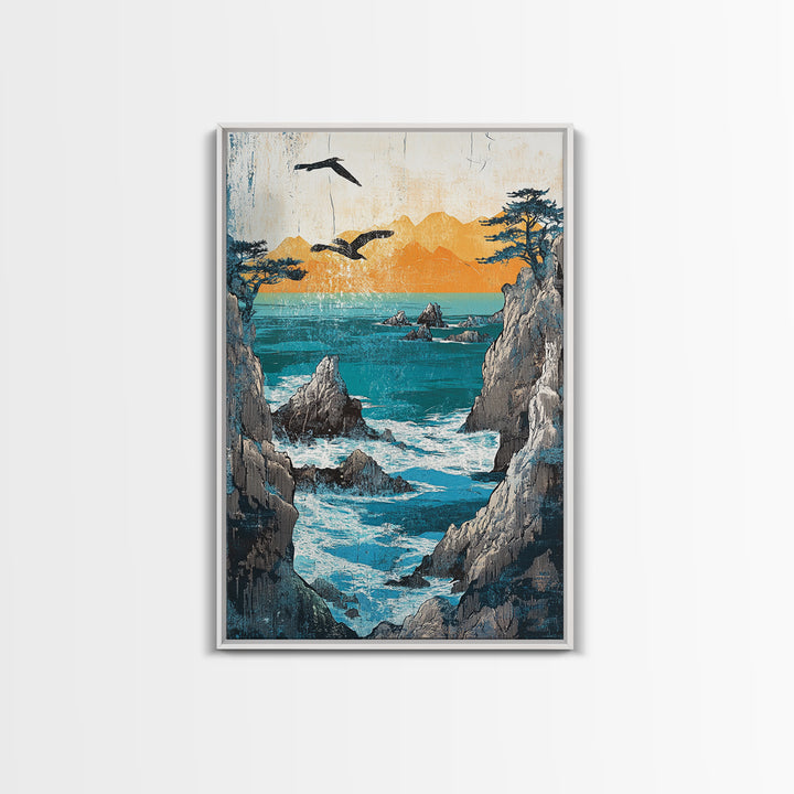 Ocean Cliffs With Flying Birds Canvas Print, Japanese Seascape Wall Art, Coastal Decor, Nautical Art, Living Room Decor, Gift For Him