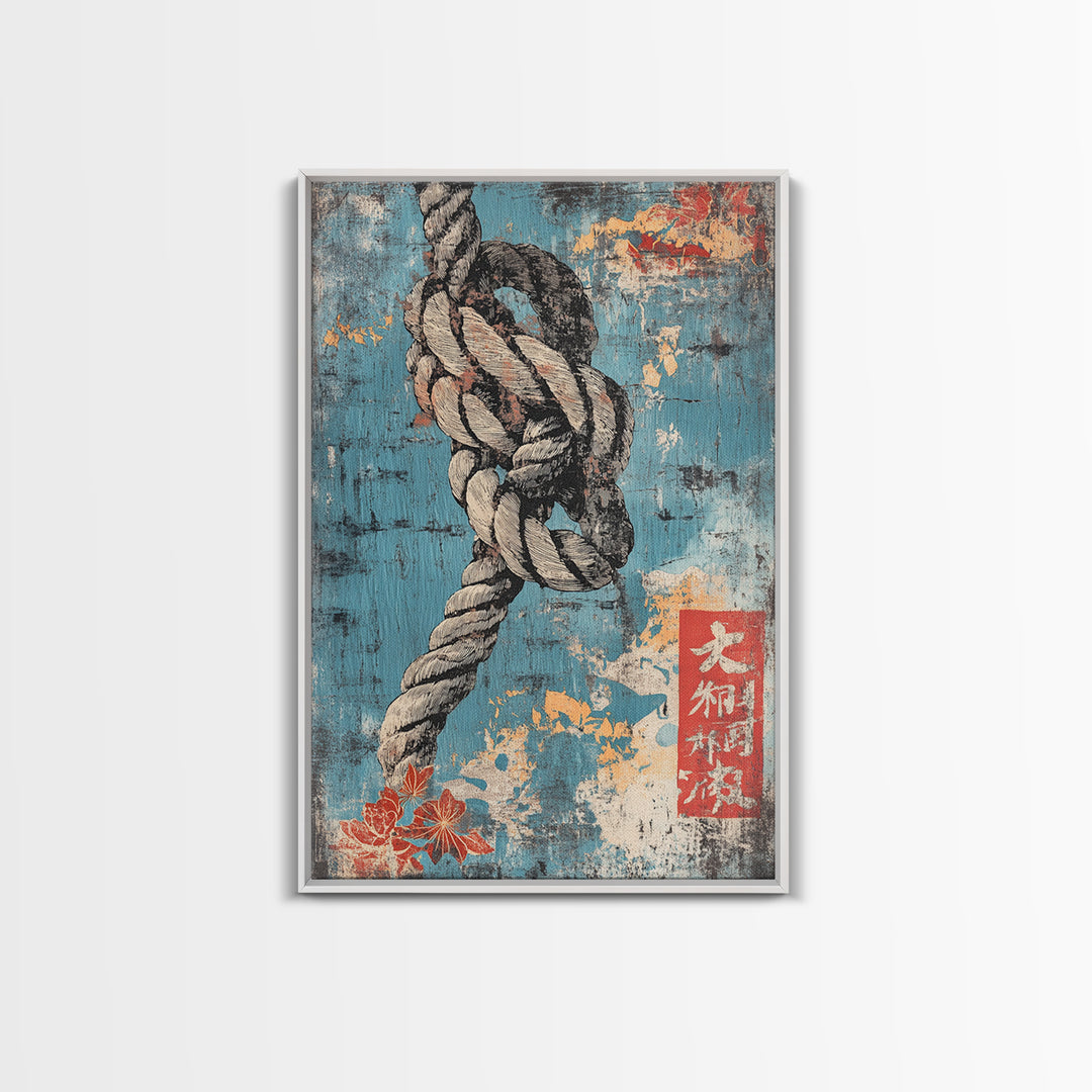Weathered Nautical Rope Knot Wall Art, Coastal Maritime Print, Blue Ocean Decor, Rustic Beach House Large Framed Canvas Print