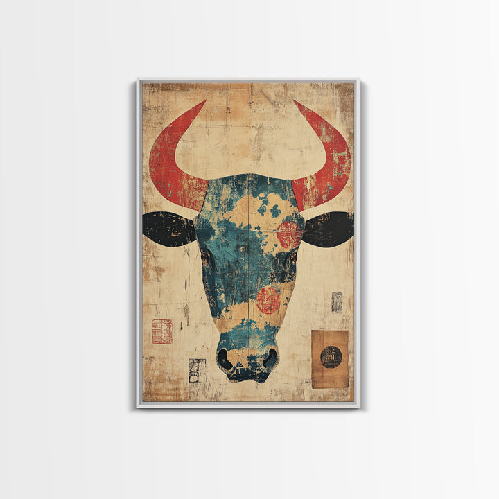 Distressed Turquoise Bull Head With Red Horns Wall Art, Western Tribal Canvas Print, Rustic Ranch Decor, Bold Animal Art