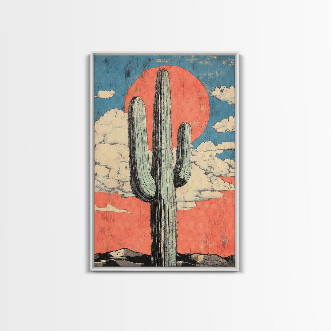 Tall Saguaro Cactus With Coral Desert Sun Wall Art, Southwestern Canvas Print, Boho Western Decor, Arizona Landscape Art