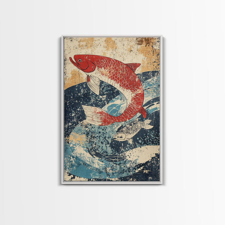 Red Koi Fish Swimming Through Blue Waves Wall Art, Japanese Canvas Print, Coastal Animal Decor, Feng Shui Living Room Art