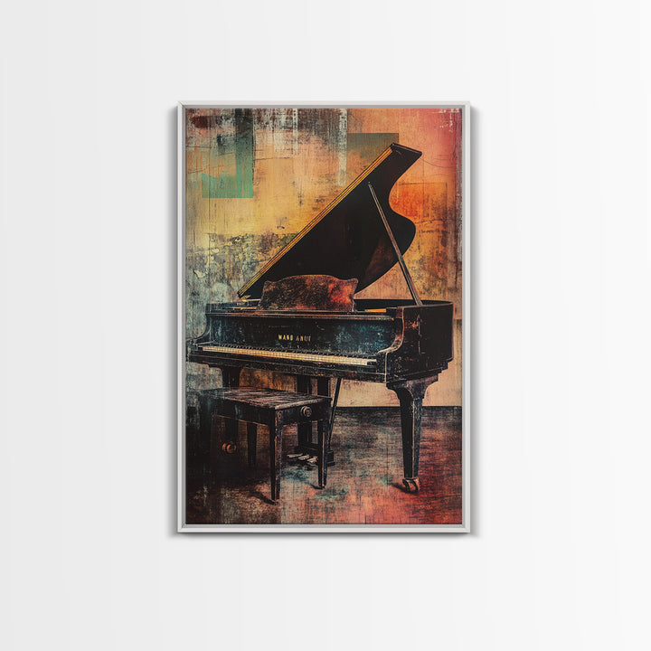 Moody Grand Piano In Warm Abstract Studio Canvas Print, Music Room Decor, Jazz Art Print, Modern Wall Art, Gift For Music Lover